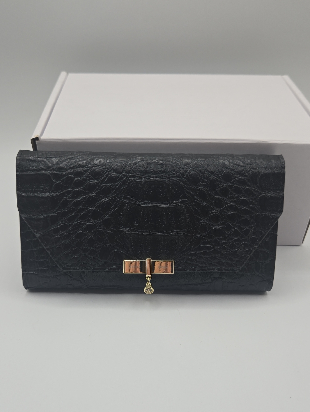 Black Croc-Embossed Faux Leather Clutch with Gold Accent
